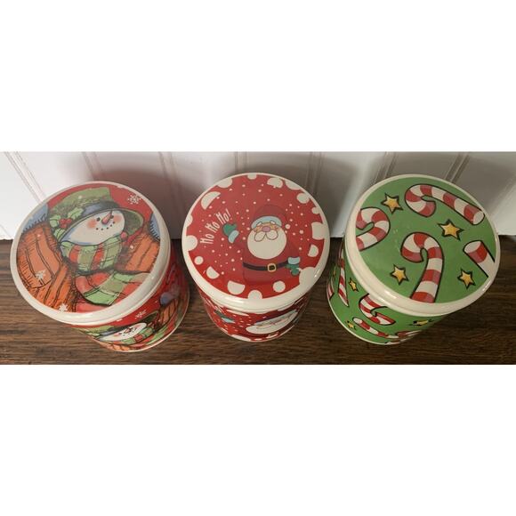 3 Merry Brite Christmas Small Ceramic Mugs Canister Lids W Seals No Handles Vtg - Picture 2 of 5